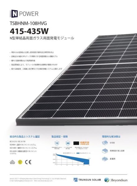 画像2: 【430W 両面発電 36枚以上】太陽光パネル ソーラーモジュール デュアルタイプ 172cm×113cm×3cm  ビヨンサンソーラー 400W (2)