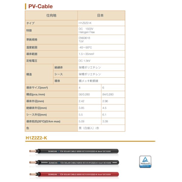画像7: DC 1500V ソーラーケーブル 太陽光ケーブル  4SQ 6SQ 100m 500m 1000m 太陽光発電用  EN 50618  (7)