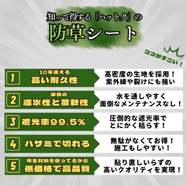 画像2: ハットク® 防草シート 幅1m×50m 300g/m2 耐用年数10年 PET ポリエステル不織布 防草布 50平米 高耐久 高透水 厚み1mm以上 (2)