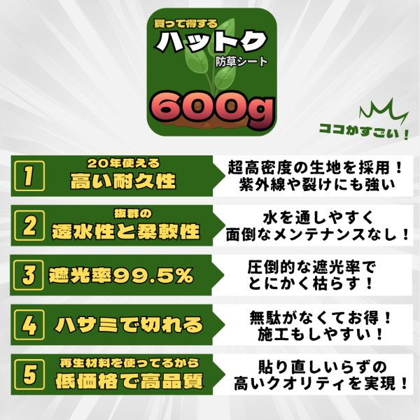 画像2: ハットク® 防草シート 耐用年数20年 幅1.1m×35m 幅2.2m×30m 600g/m2 10坪 6坪 PET素材 不織布 厚み約2.6mm (2)